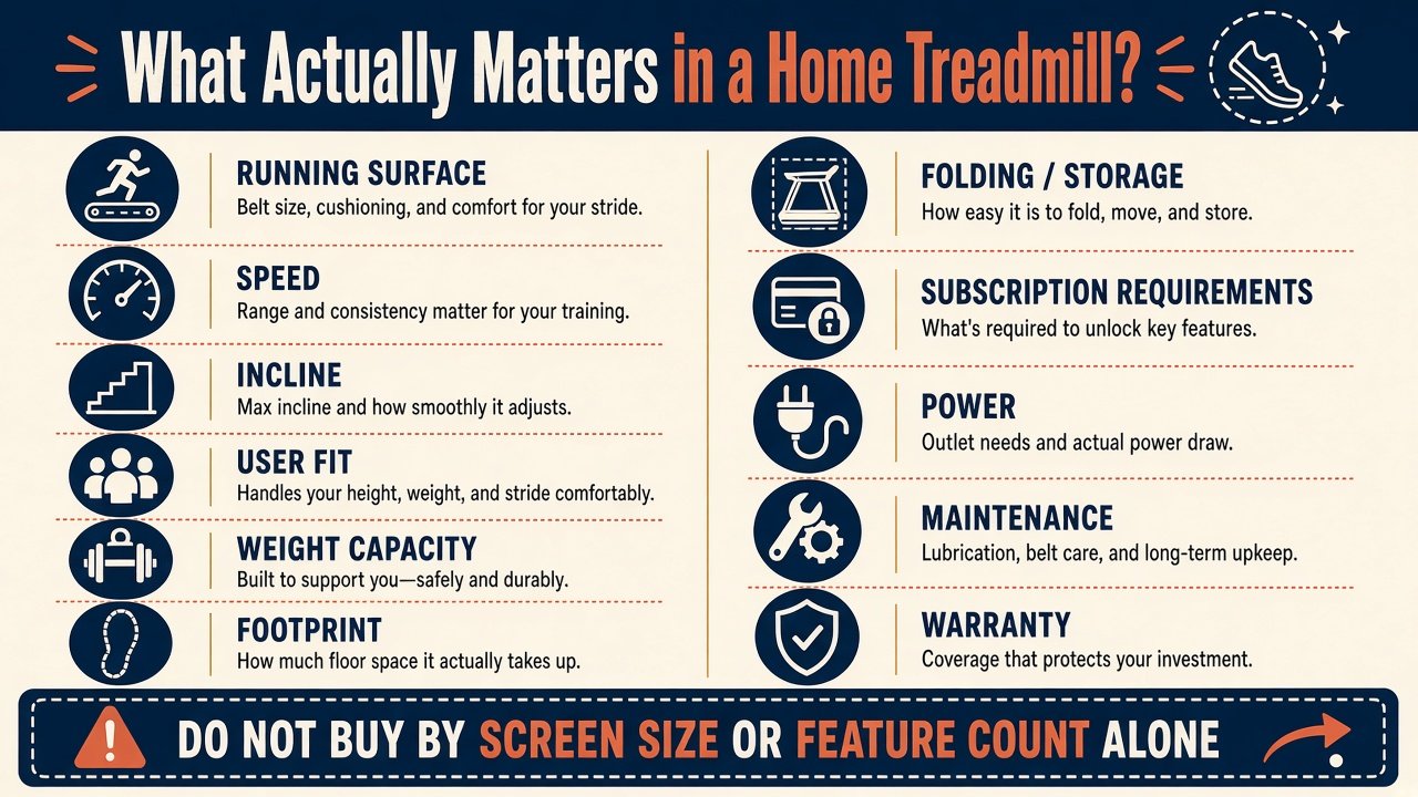 Checklist of what actually matters in a home treadmill besides screen size