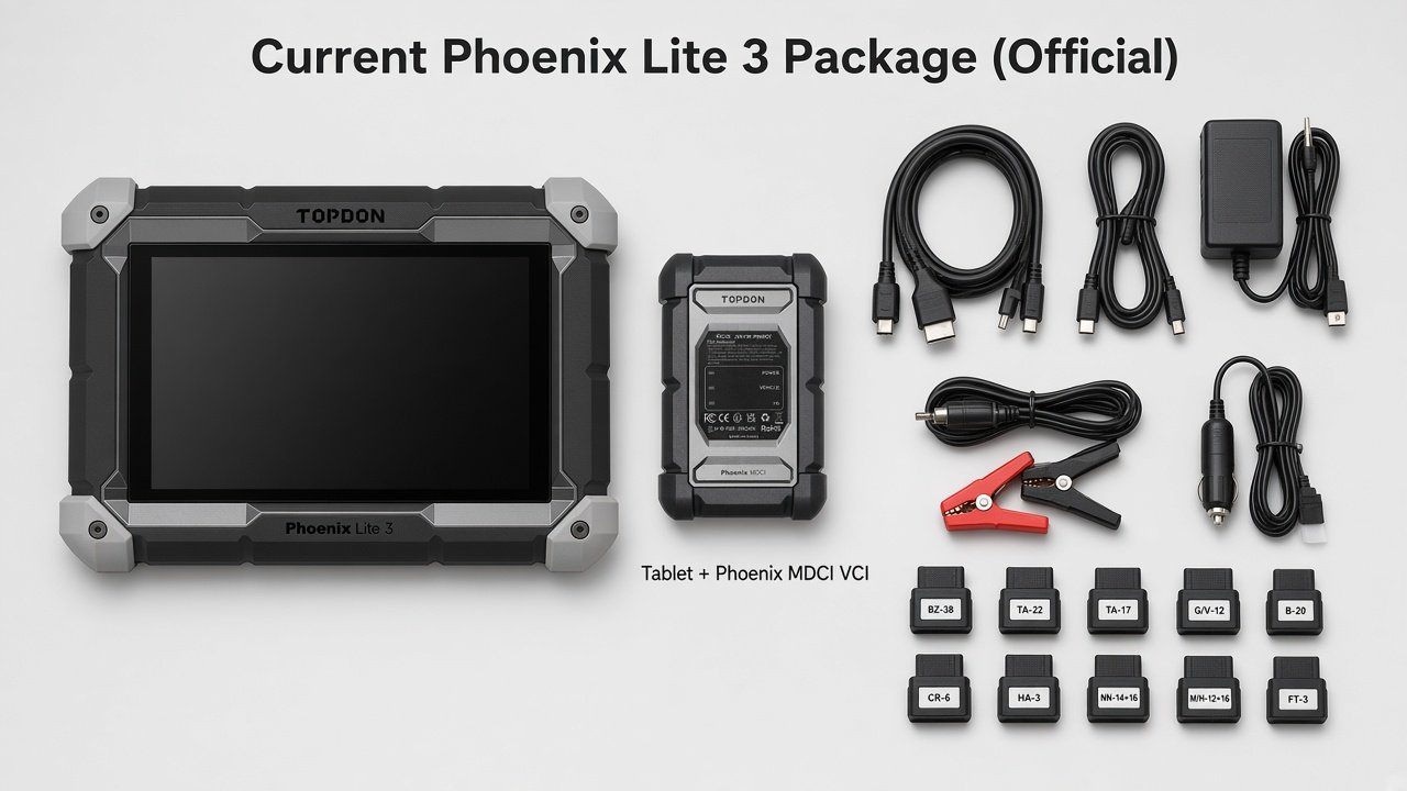 TOPDON Phoenix Lite 3 tablet with Phoenix MDCI VCI and documented cables