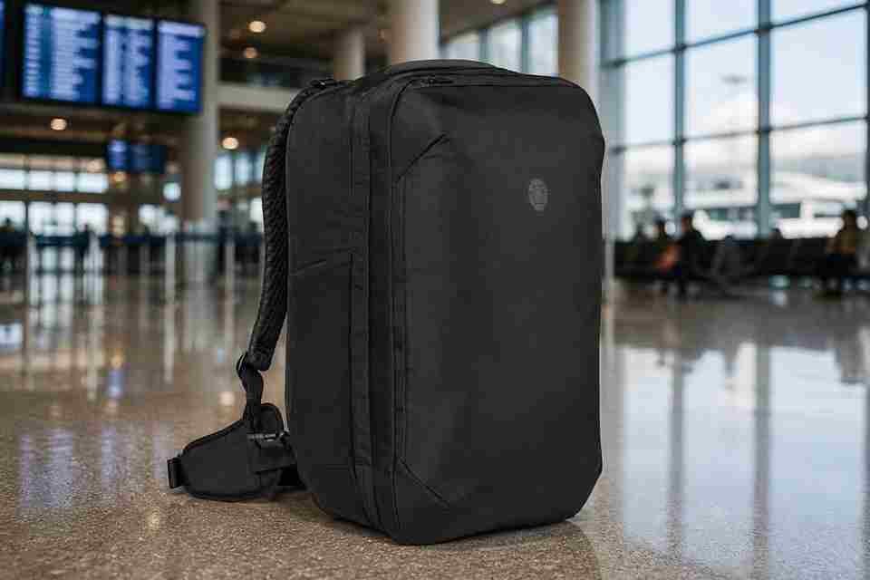 Tortuga 40L Travel Backpack Lite in Black standing in a premium international airport terminal