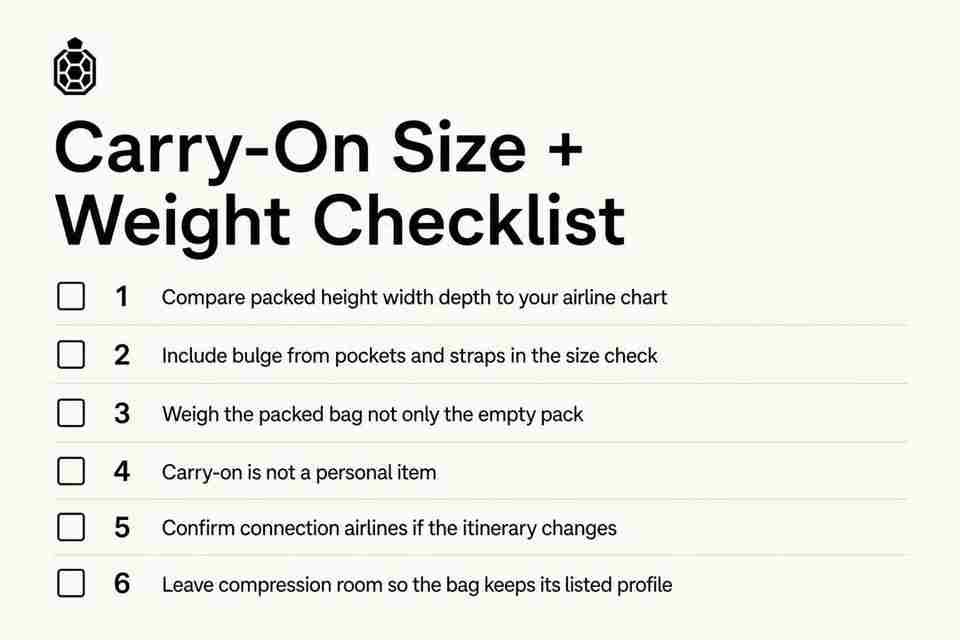 Carry-on size and weight checklist for international flights covering packed dimensions, bag weight, and personal-item limits
