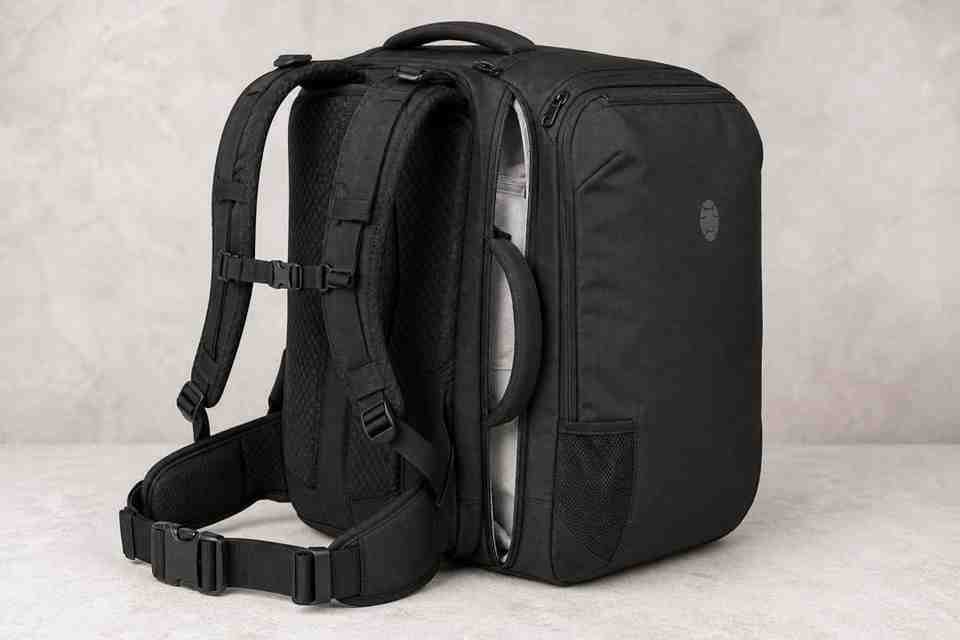 Tortuga 40L Travel Backpack Lite showing padded straps, load lifters, hip belt, grab handles, and clamshell zipper