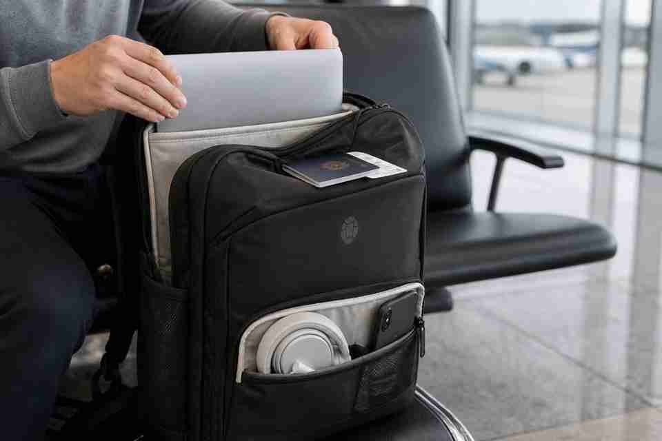 Tortuga 40L Travel Backpack Lite with laptop sleeve, passport in the top pocket, and travel documents at airport seating