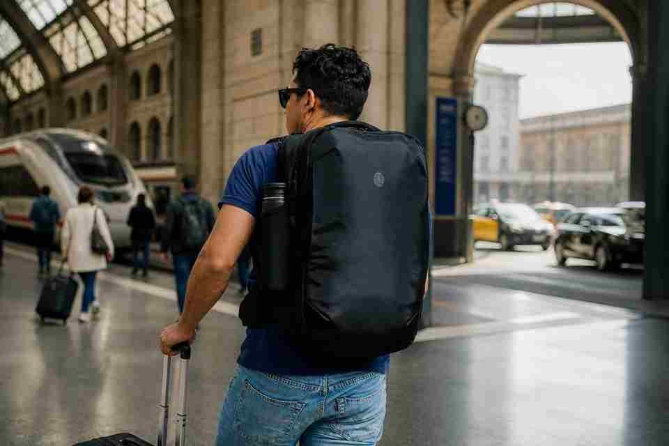Traveler wearing the Tortuga 40L Travel Backpack Lite through an airport and train transfer hall