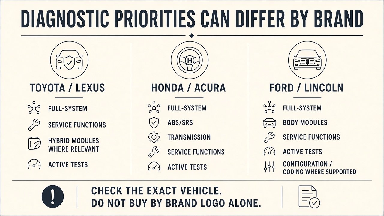Graphic: diagnostic priorities can differ for Toyota/Lexus, Honda/Acura, and Ford/Lincoln