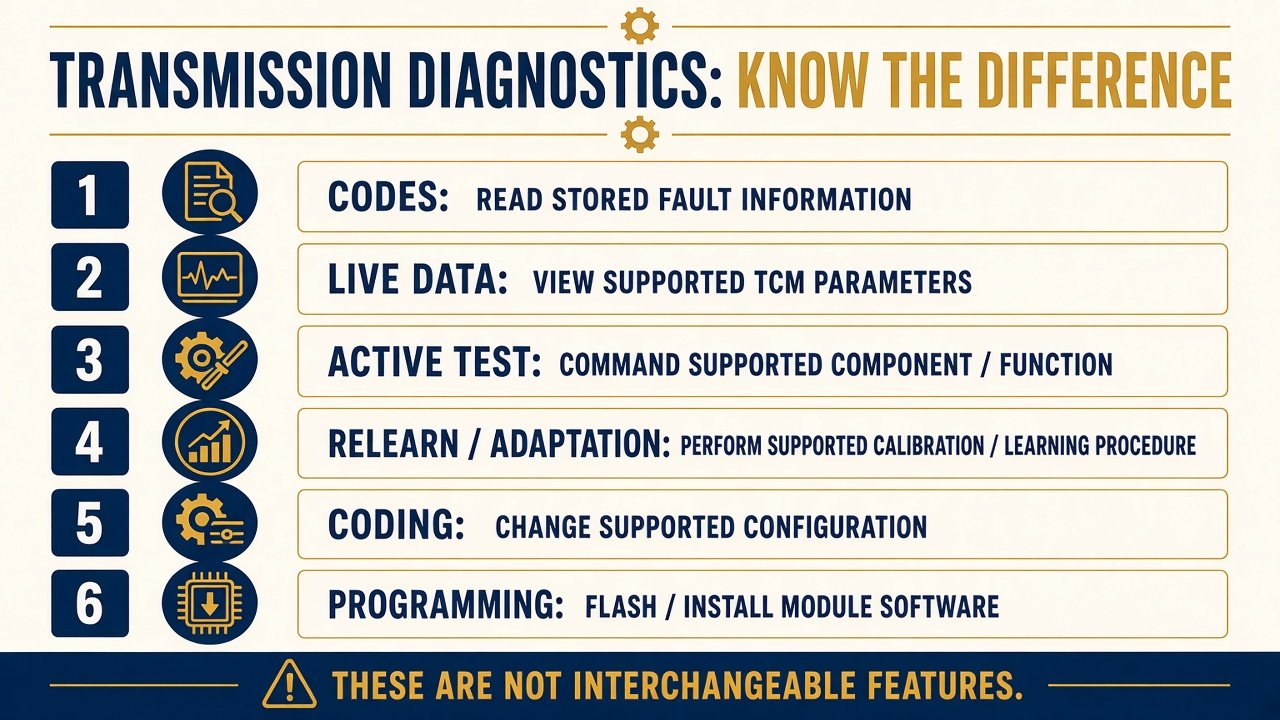 Graphic: transmission codes versus live data versus relearn versus programming