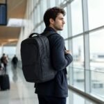 Traveler wearing a modern unbranded travel backpack in a bright airport terminal