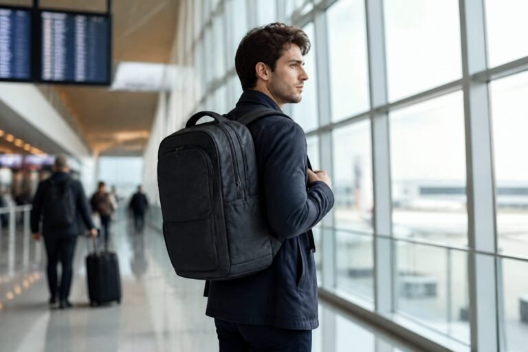 Traveler wearing a modern unbranded travel backpack in a bright airport terminal