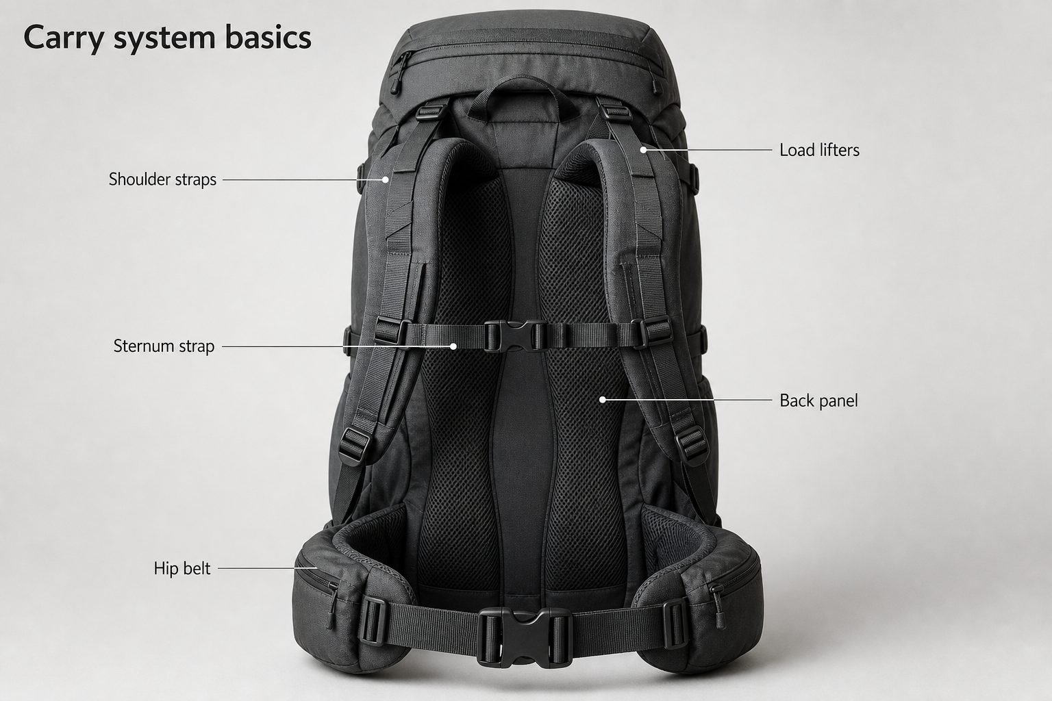 Travel backpack carry system labeled with shoulder straps, sternum strap, hip belt, back panel, and load lifters