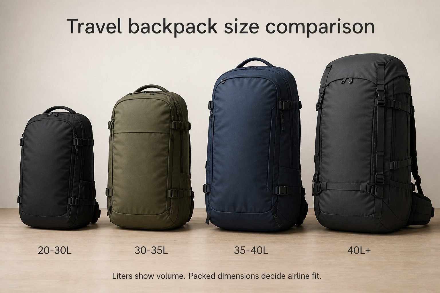 Travel backpack size comparison showing 20-30L, 30-35L, 35-40L, and 40L+ packs