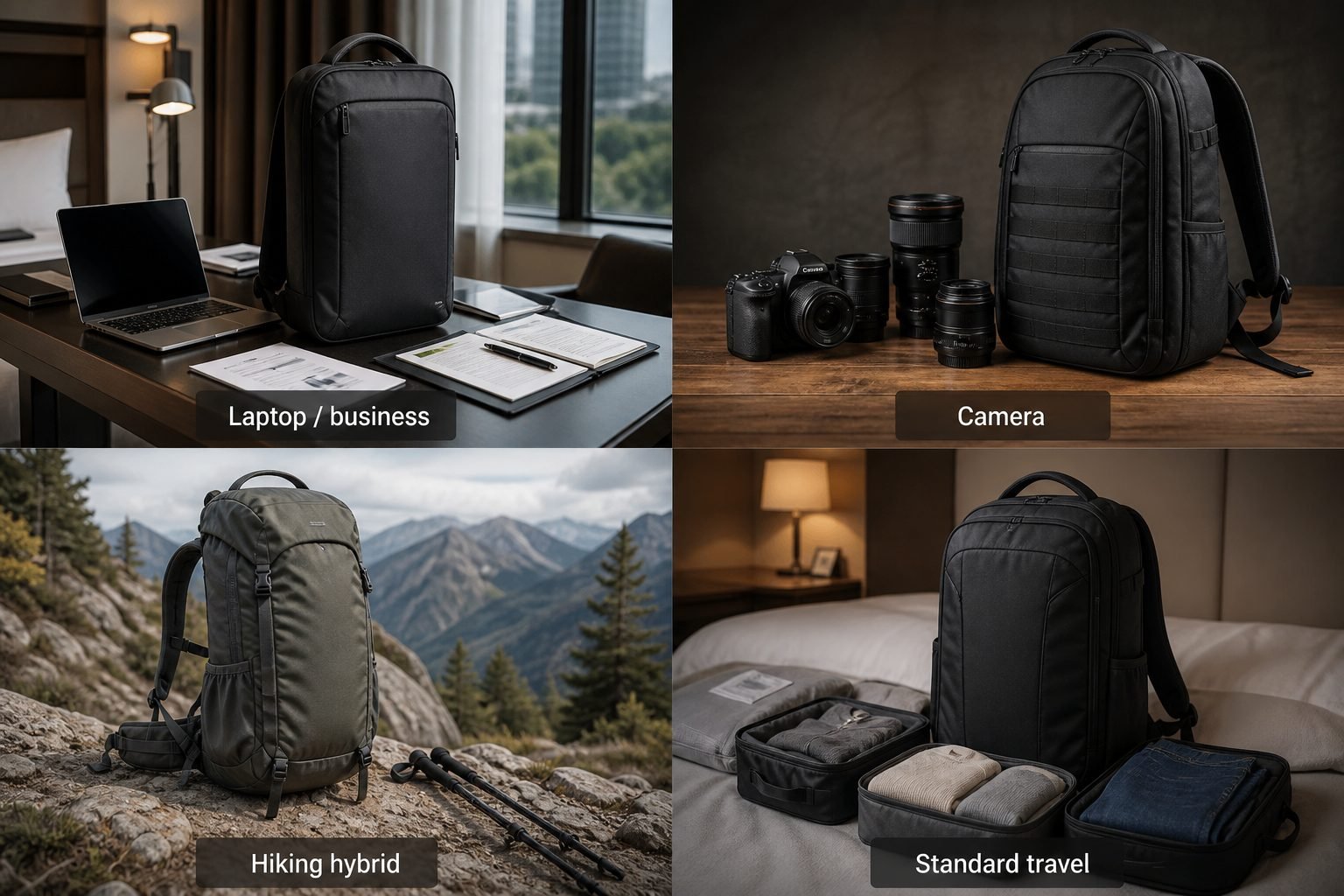 Four travel backpack workflows: laptop business, camera gear, hiking hybrid, and standard city packing
