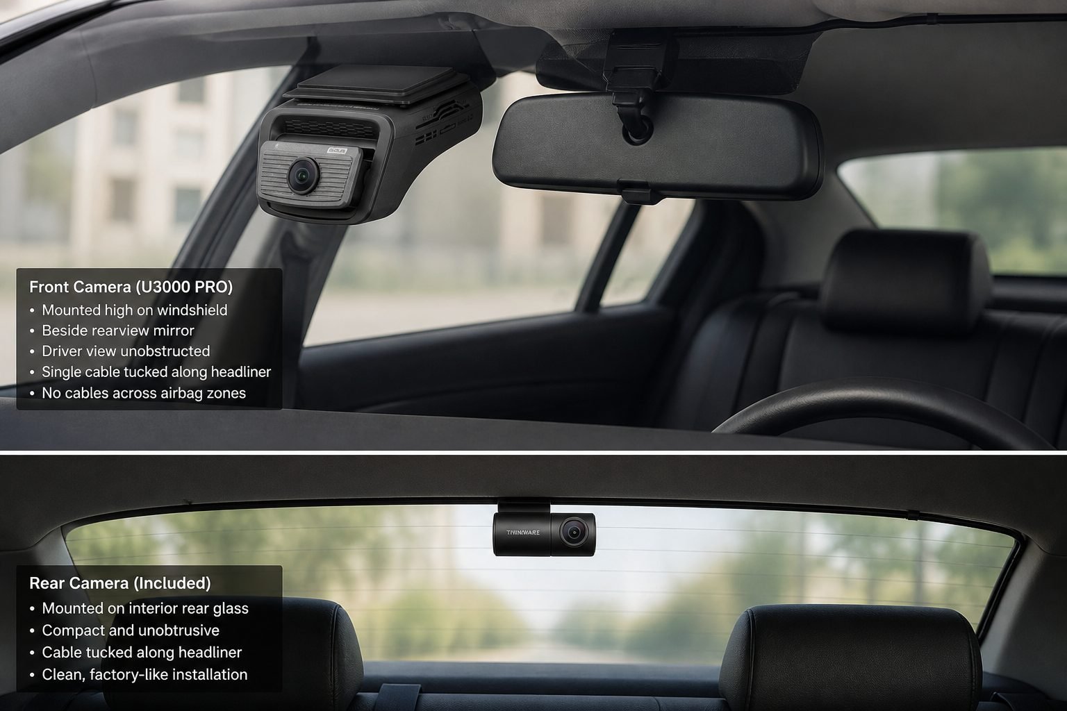 Thinkware U3000 PRO front windshield camera and rear-window camera with headliner cable routing