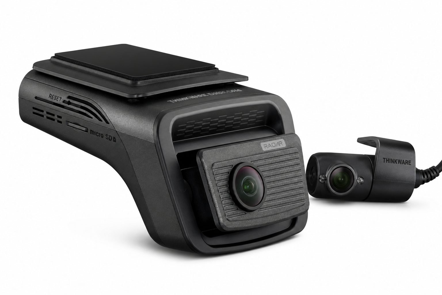 Thinkware U3000 PRO front camera, rear camera, mount, and microSD slot