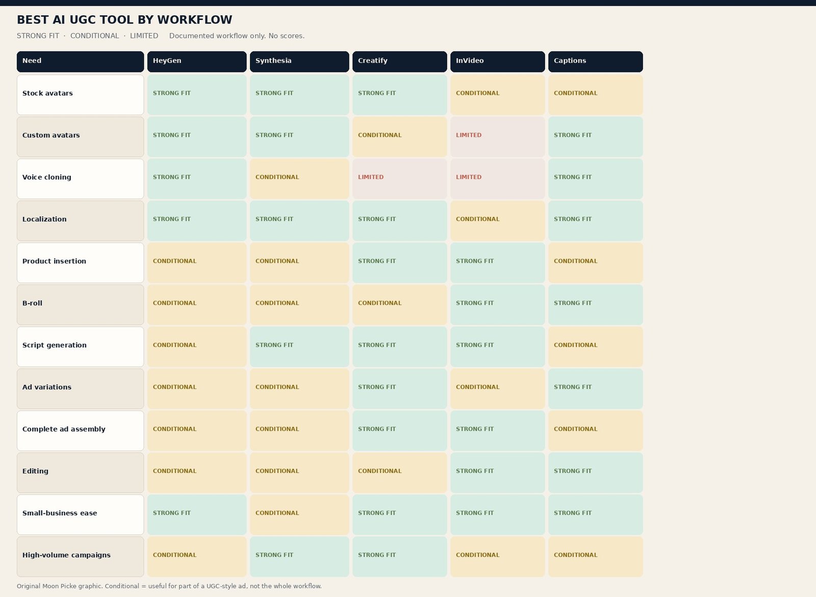Best AI UGC tool by workflow using strong, conditional, and limited fit across five platforms