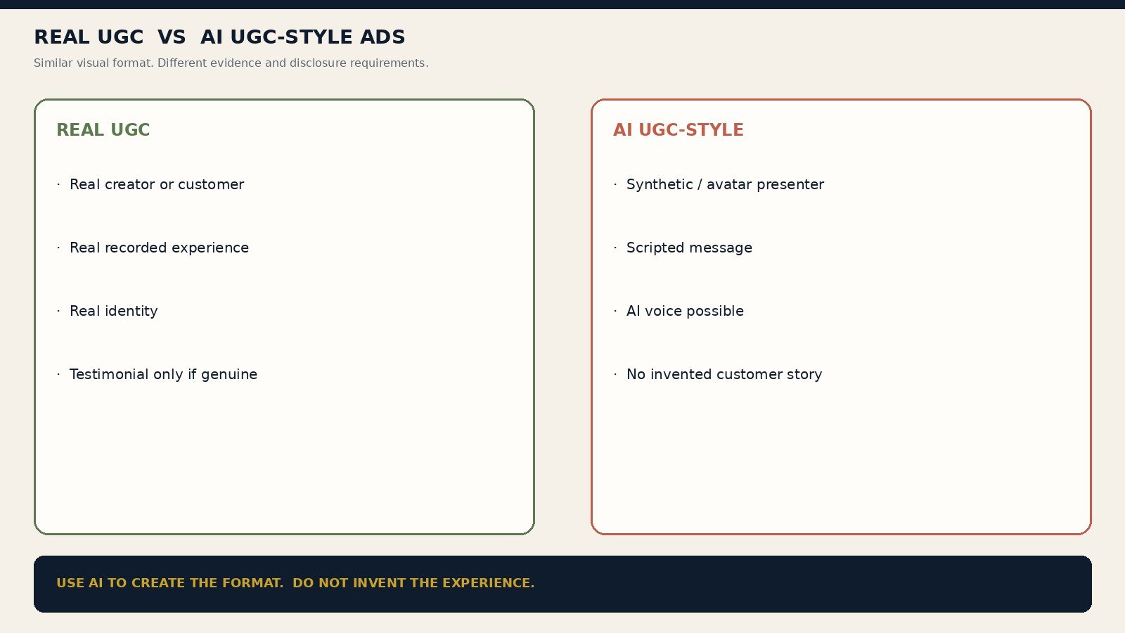 Comparison of real UGC versus AI UGC-style ads covering identity, evidence, and disclosure differences