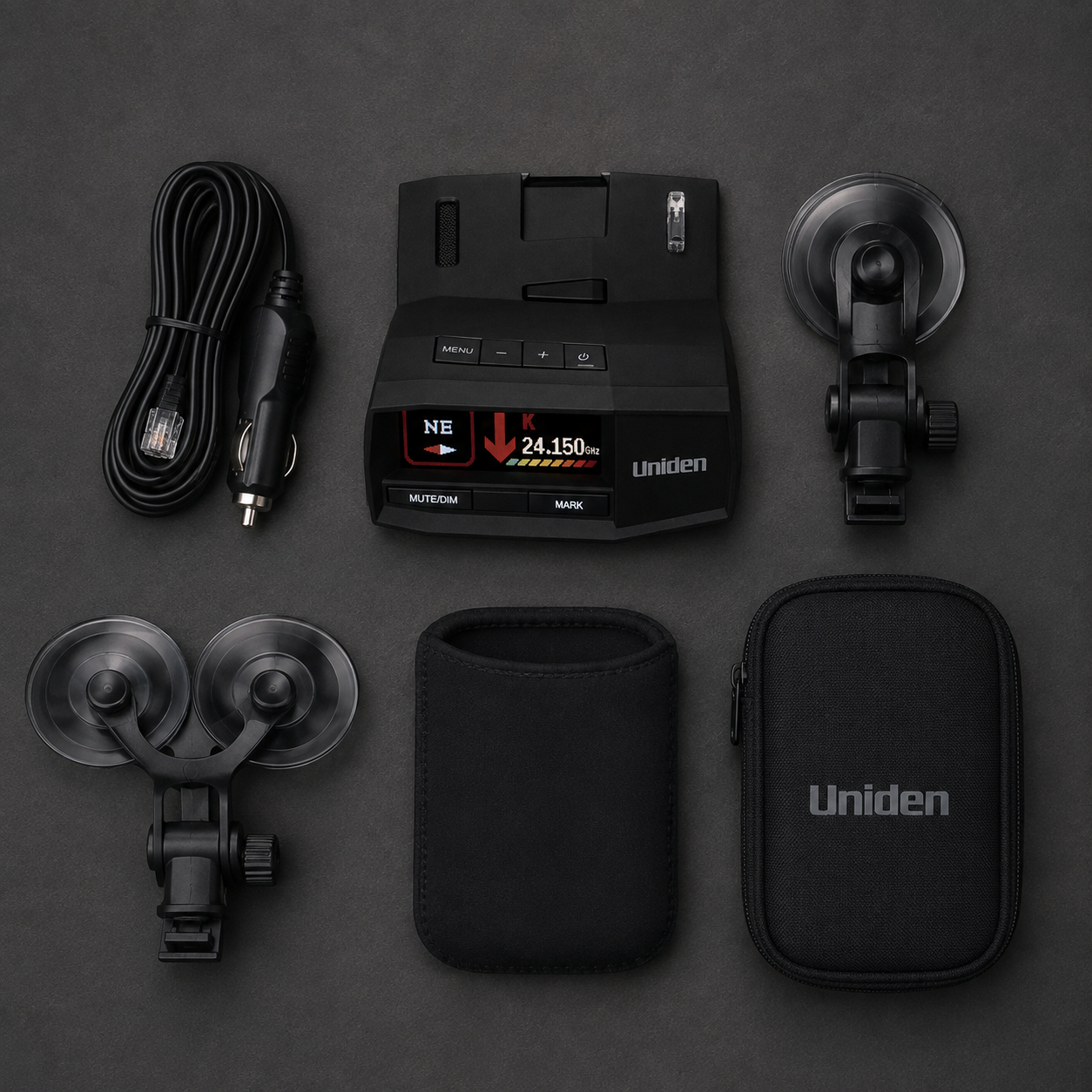 Uniden R8 radar detector with documented mounting and power accessories