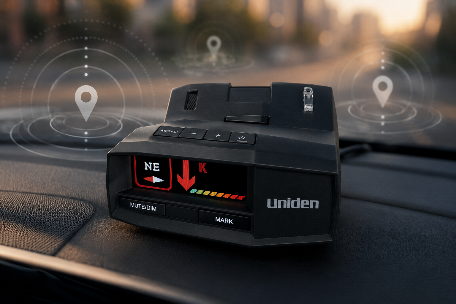 GPS-enabled radar detector setup illustrating location-based filtering