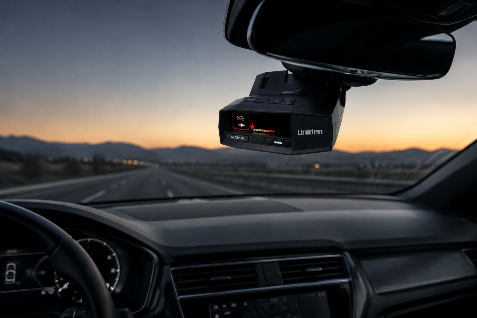 Uniden R8 review hero with radar detector mounted in a modern car