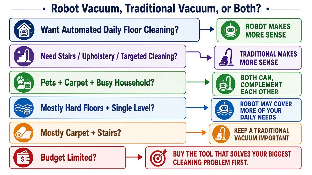 Decision flow for robot vacuum, traditional vacuum, or both