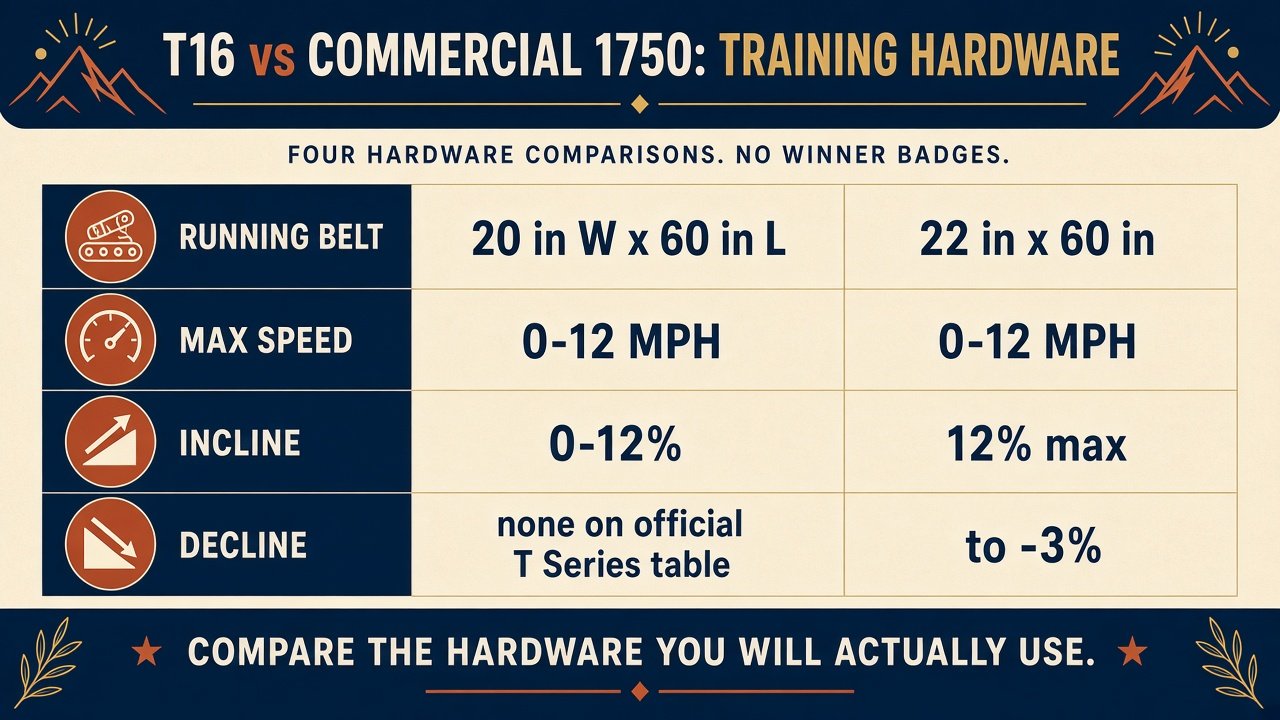 Graphic comparing T16 and Commercial 1750 belt size, speed, incline, and decline