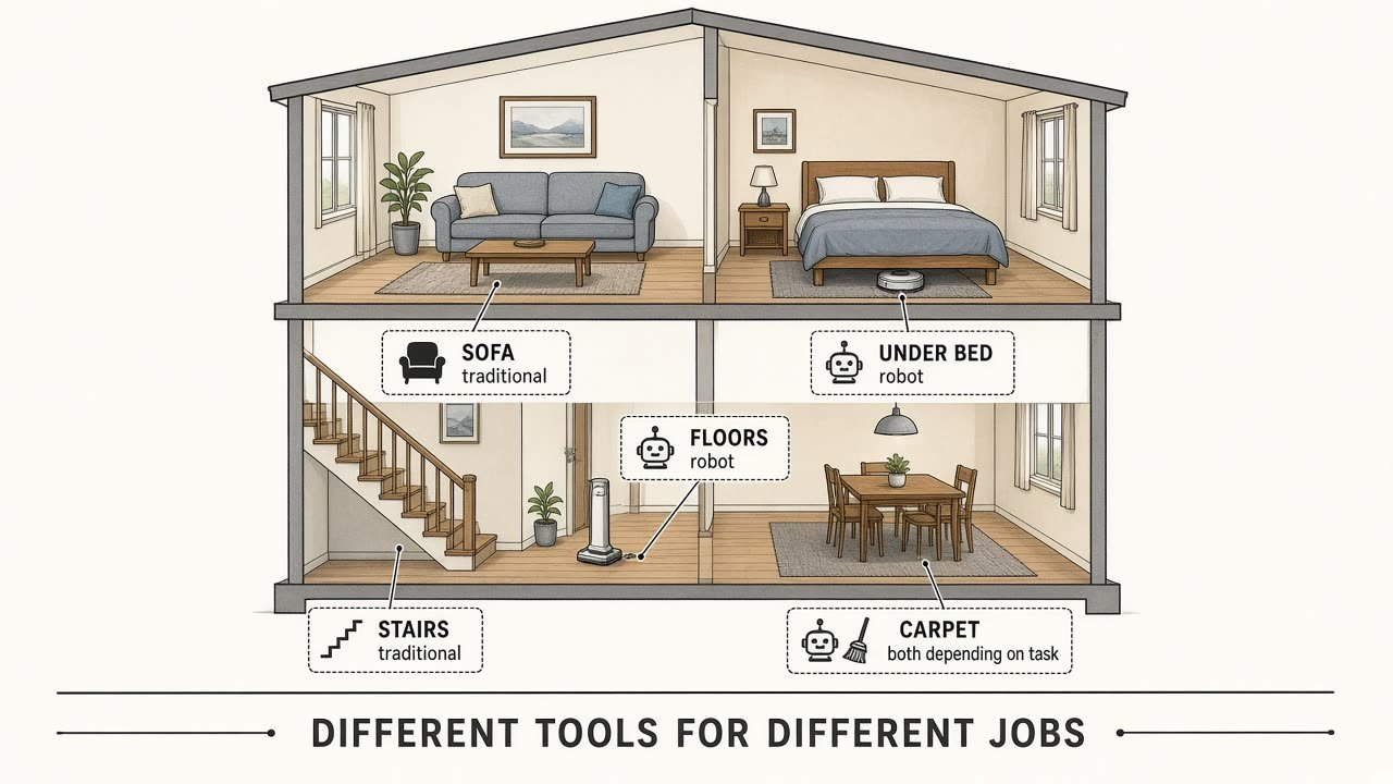 House diagram labeling floors, stairs, sofa, under bed, and carpet jobs