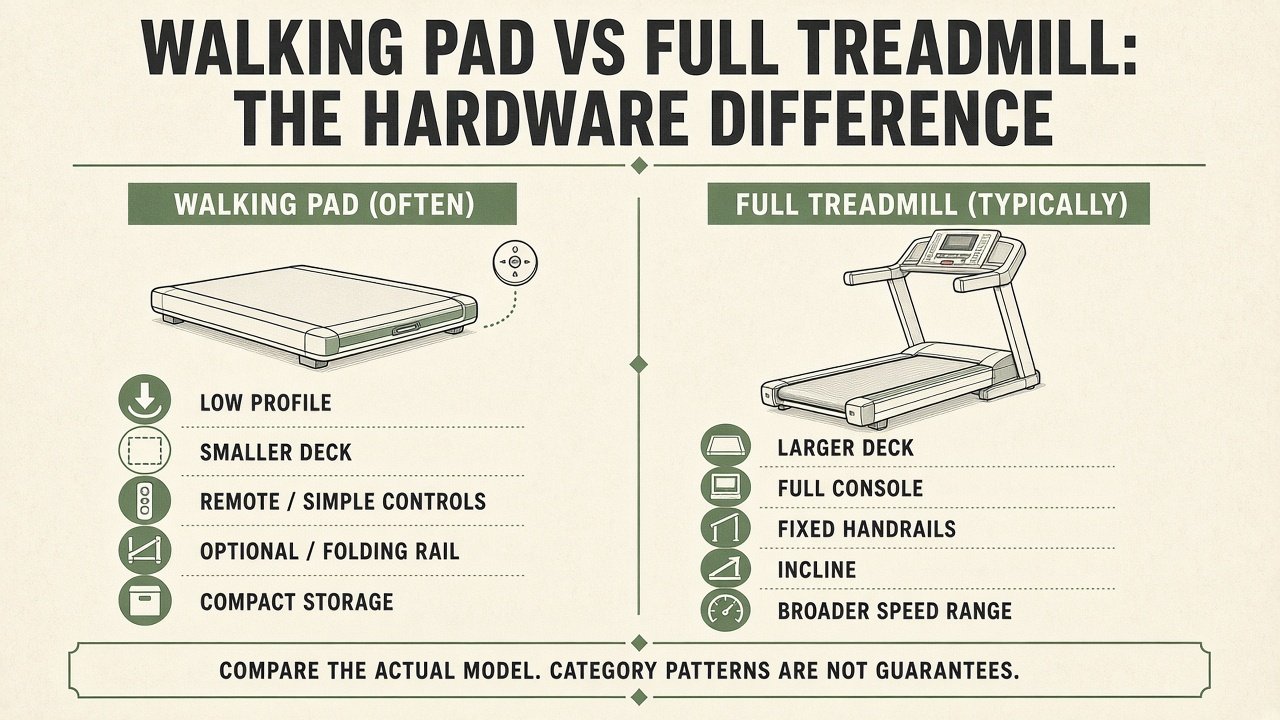Walking pad vs full treadmill hardware difference: low-profile deck versus console, rails, and larger belt
