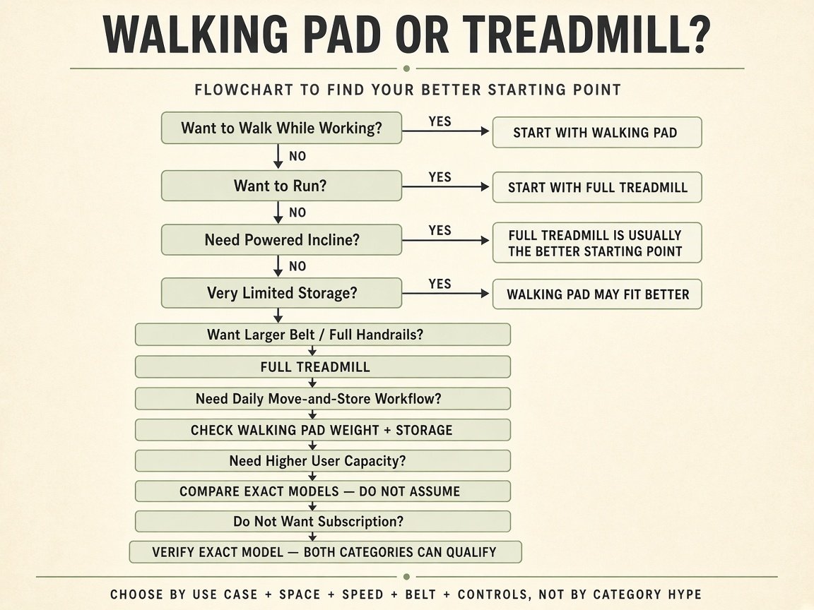 Decision infographic: walking pad or treadmill based on desk use, running, incline, storage, and controls