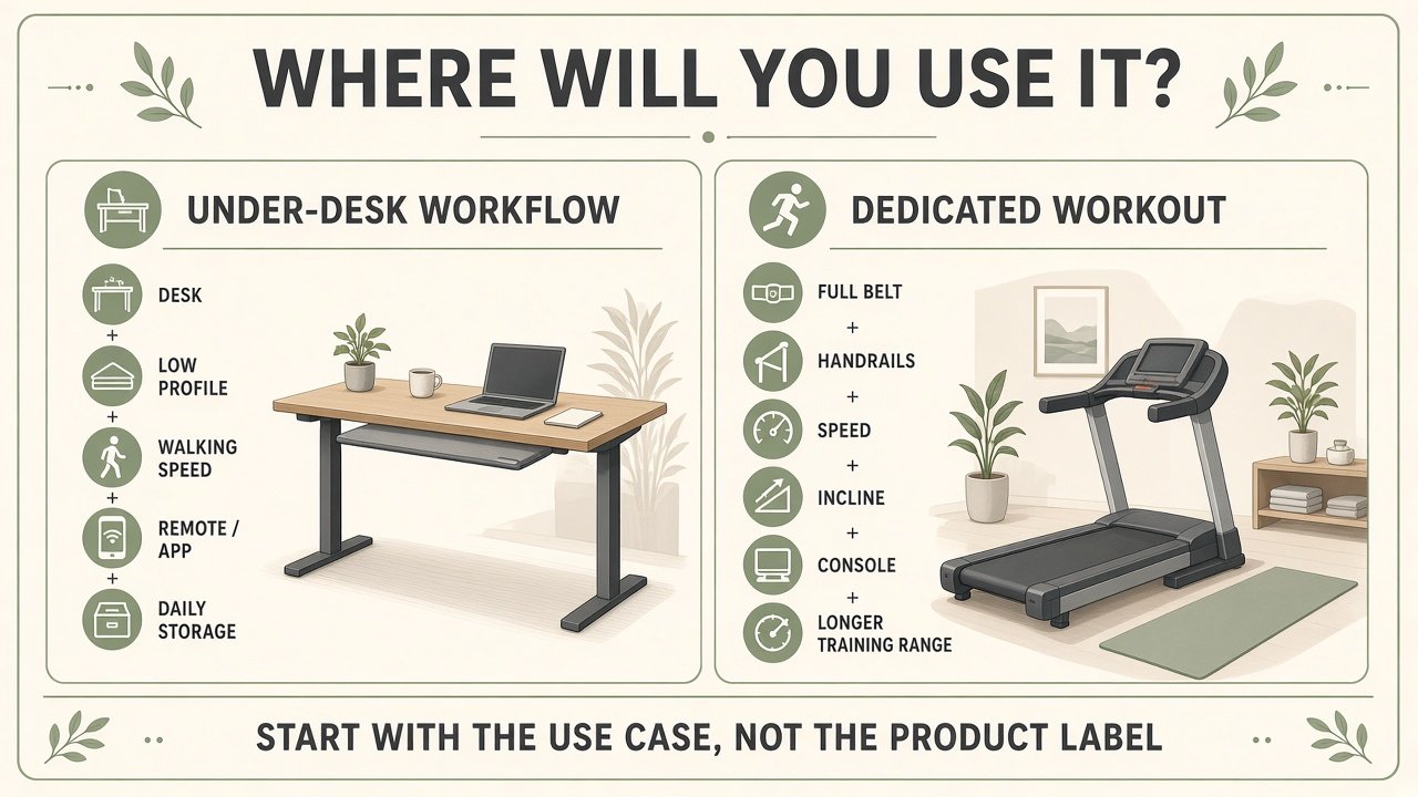 Where will you use it: under-desk workflow versus dedicated workout