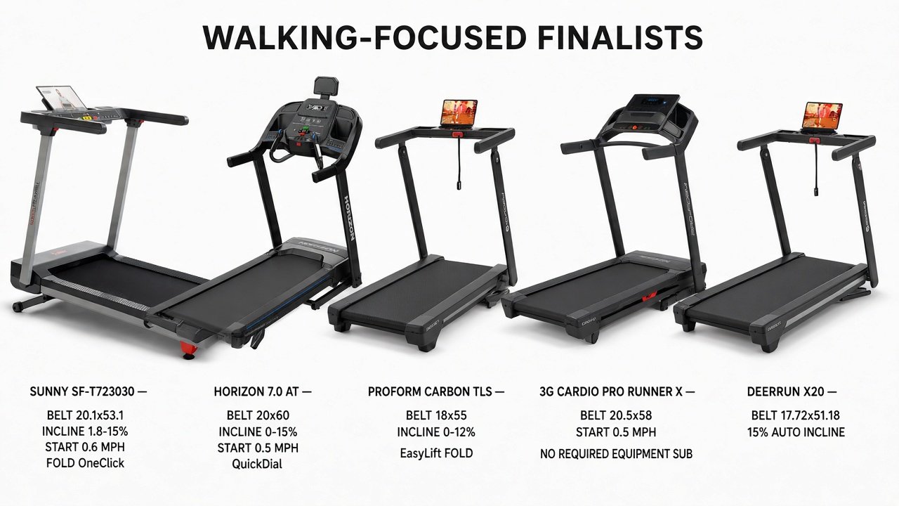 Five current walking-focused home treadmills: Sunny SF-T723030, Horizon 7.0 AT, ProForm Carbon TLS, 3G Cardio Pro Runner X, DeerRun X20