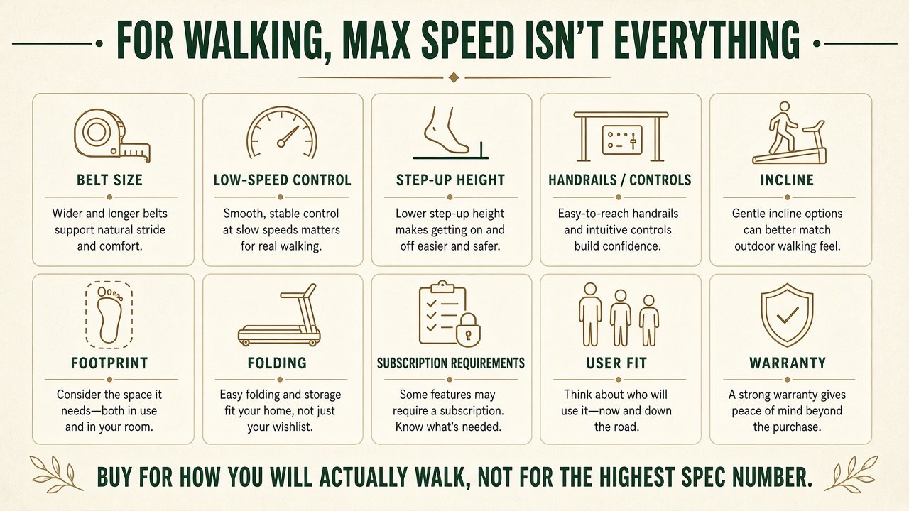 Graphic listing what matters more for walking than maximum treadmill speed