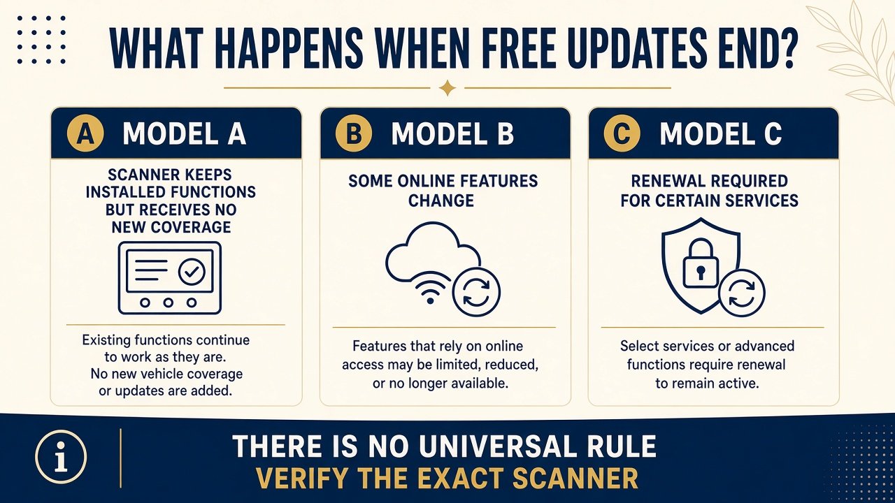 Graphic: after free updates end, installed functions may remain, online features may change, or some services may need renewal