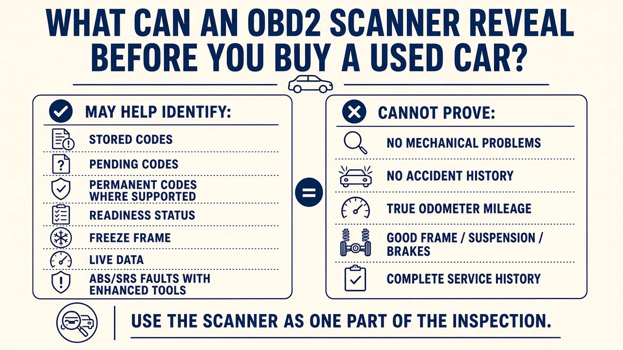 Graphic: what an OBD2 scanner can and cannot reveal before buying a used car