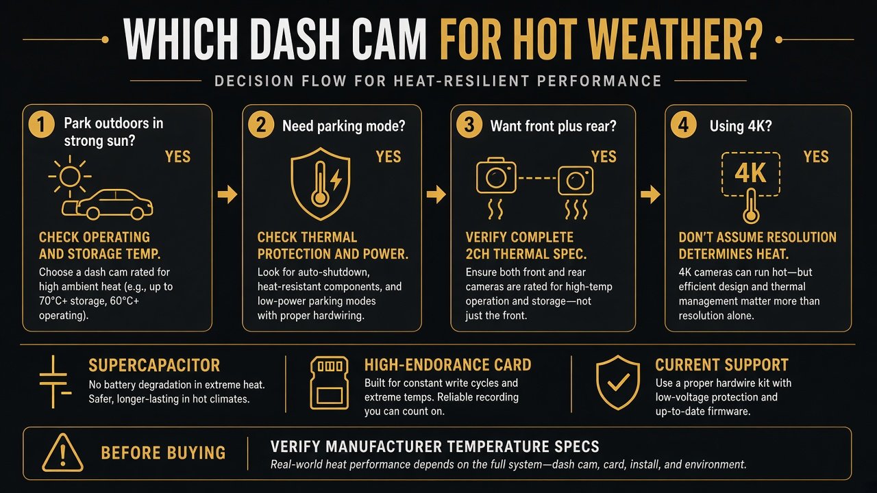Decision flow for choosing a dash cam for hot weather