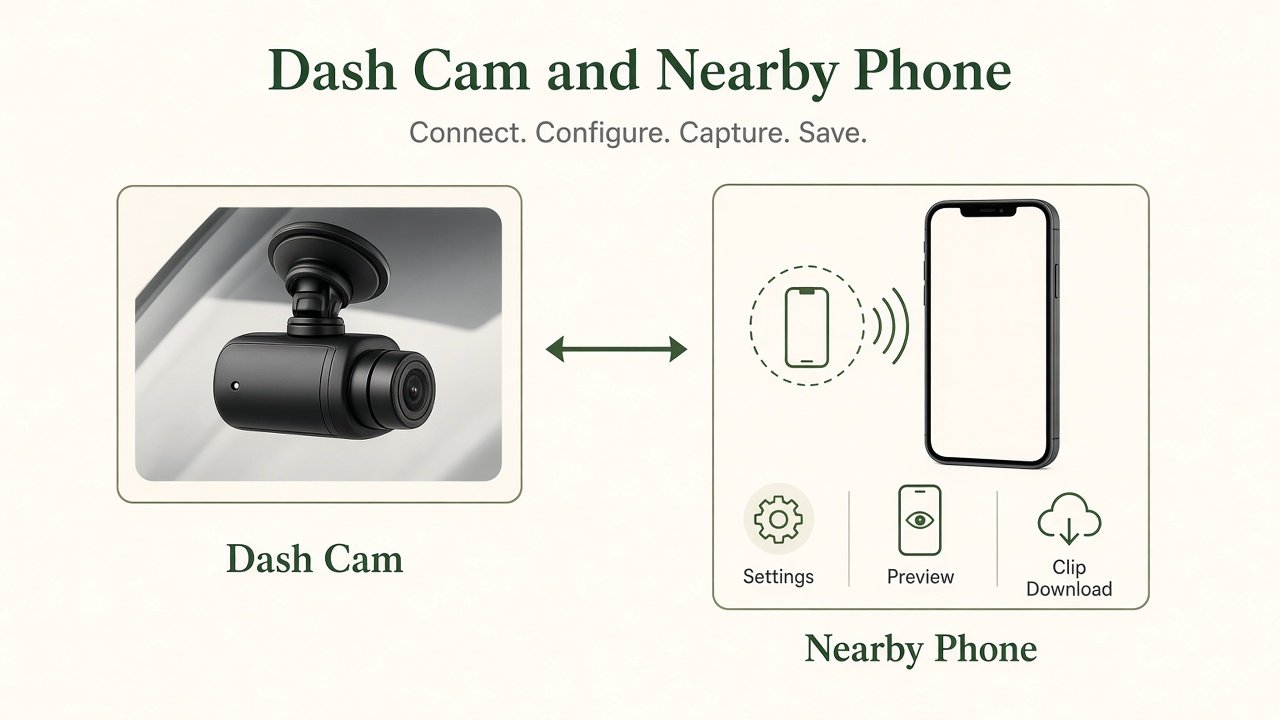Wi-Fi dash cam workflow diagram: nearby phone connects to the camera for settings, preview, and clip download