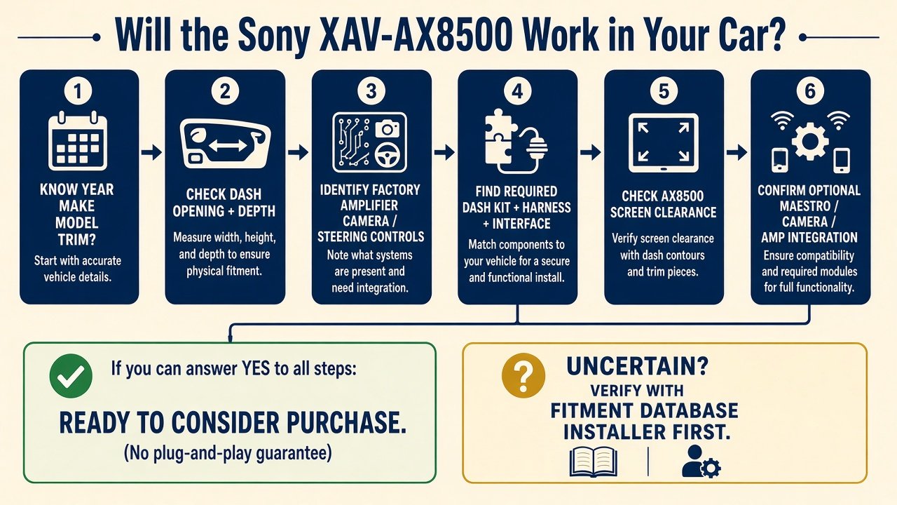 Decision flow for Sony XAV-AX8500 vehicle compatibility