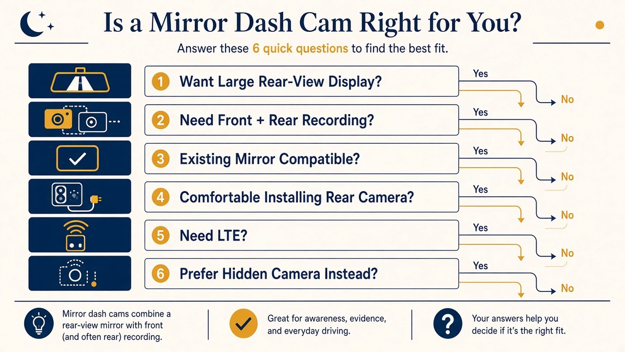 Infographic asking whether a mirror dash cam like the WOLFBOX G900 Pro fits your driving needs