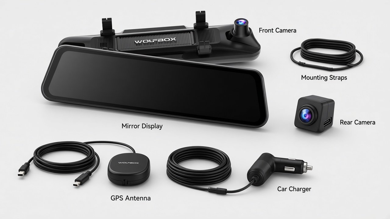 WOLFBOX G900 Pro hardware: 12-inch mirror display, front camera, rear camera, straps, and GPS antenna