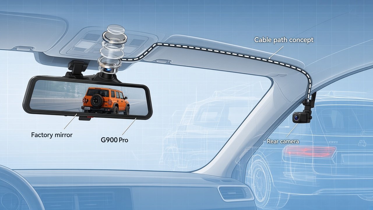Concept of G900 Pro mirror overlay, rear-camera placement, and a headliner cable path
