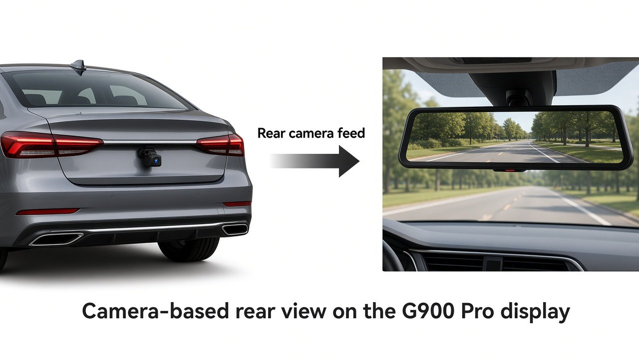 Diagram of WOLFBOX G900 Pro rear camera feeding a camera-based view to the 12-inch display