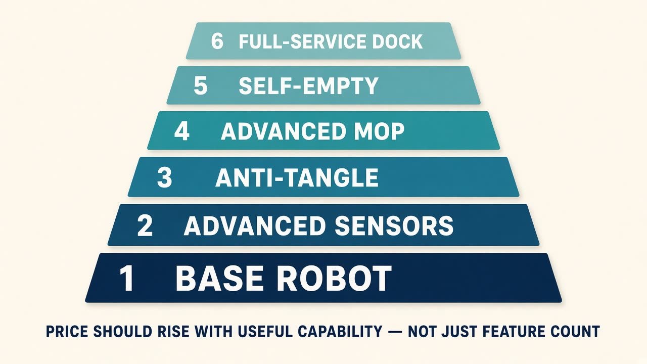 Layered diagram of robot vacuum capability from base robot to full-service dock