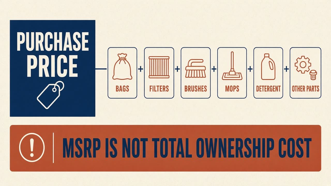 Purchase price plus bags filters brushes mops detergent and parts