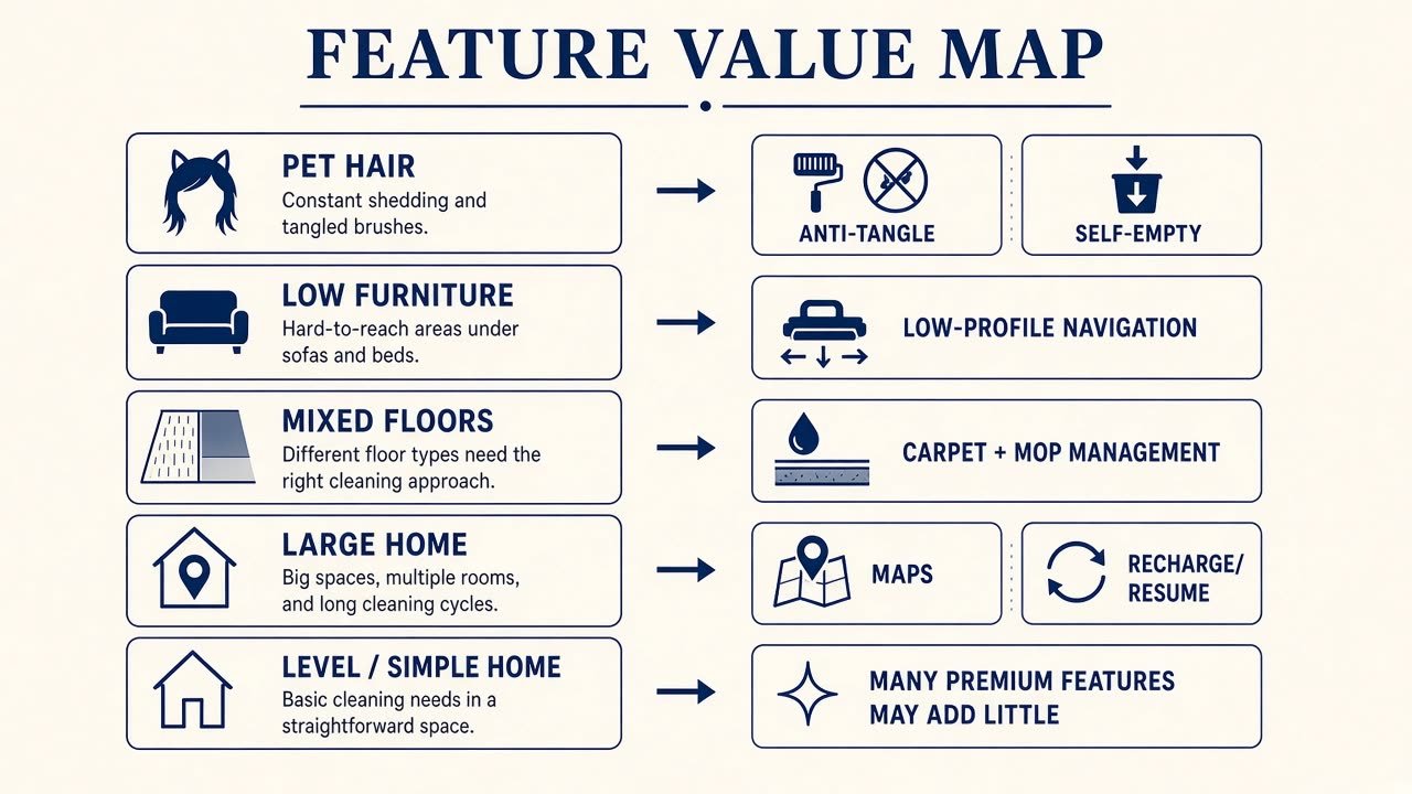 Feature value map matching home problems to robot vacuum upgrades