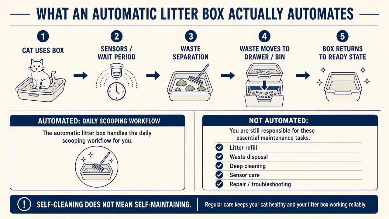 Graphic of what an automatic litter box actually automates versus owner work