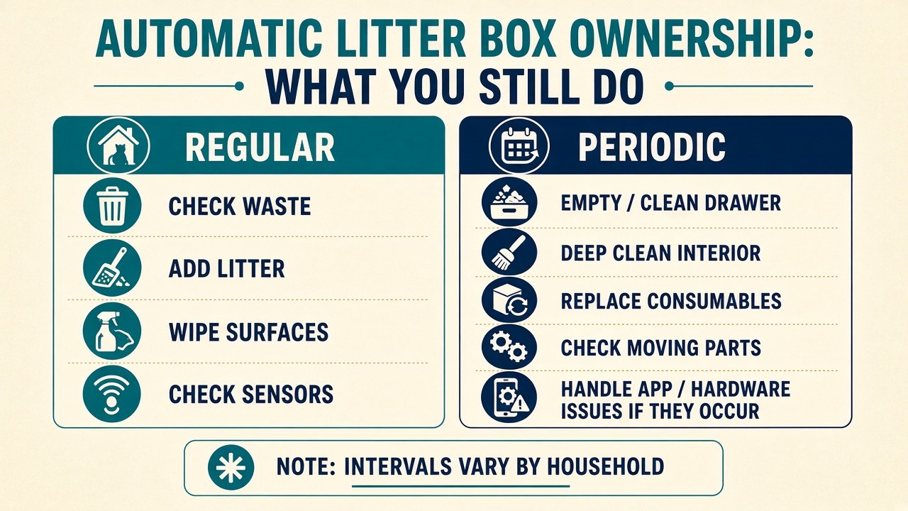Graphic of regular and periodic automatic litter box owner tasks