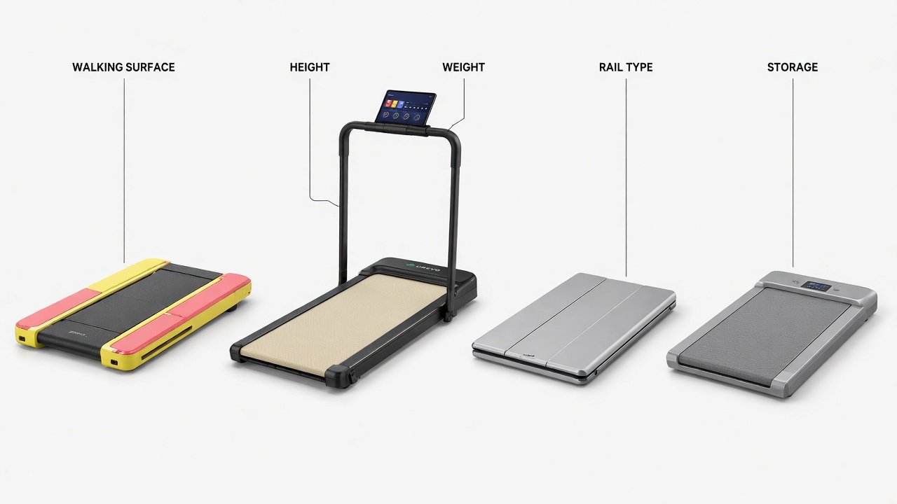 Four current home-office walking pads: WalkingPad C2, UREVO Strol 2E, WalkingPad P1, Egofit Walker Pro-M1