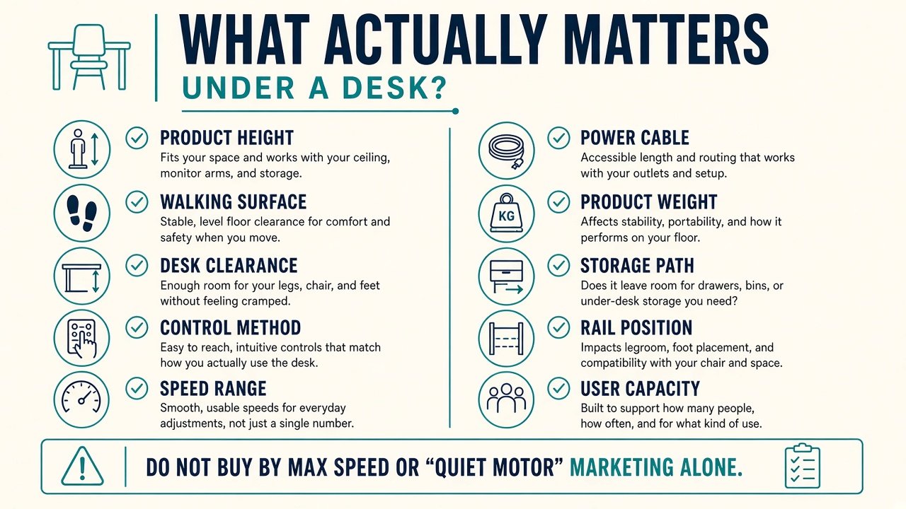 Graphic listing what actually matters when fitting a walking pad under a desk
