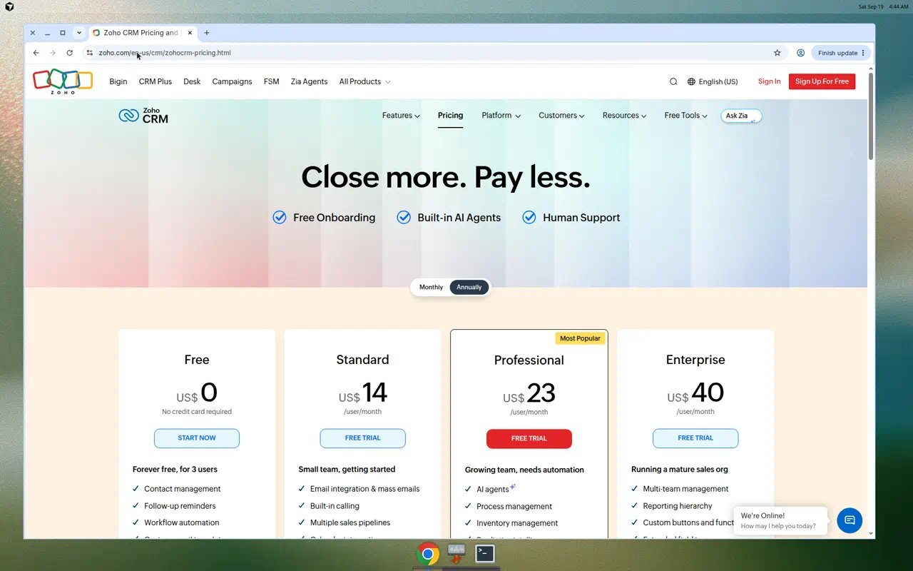 Zoho CRM official pricing editions including Free and paid plans