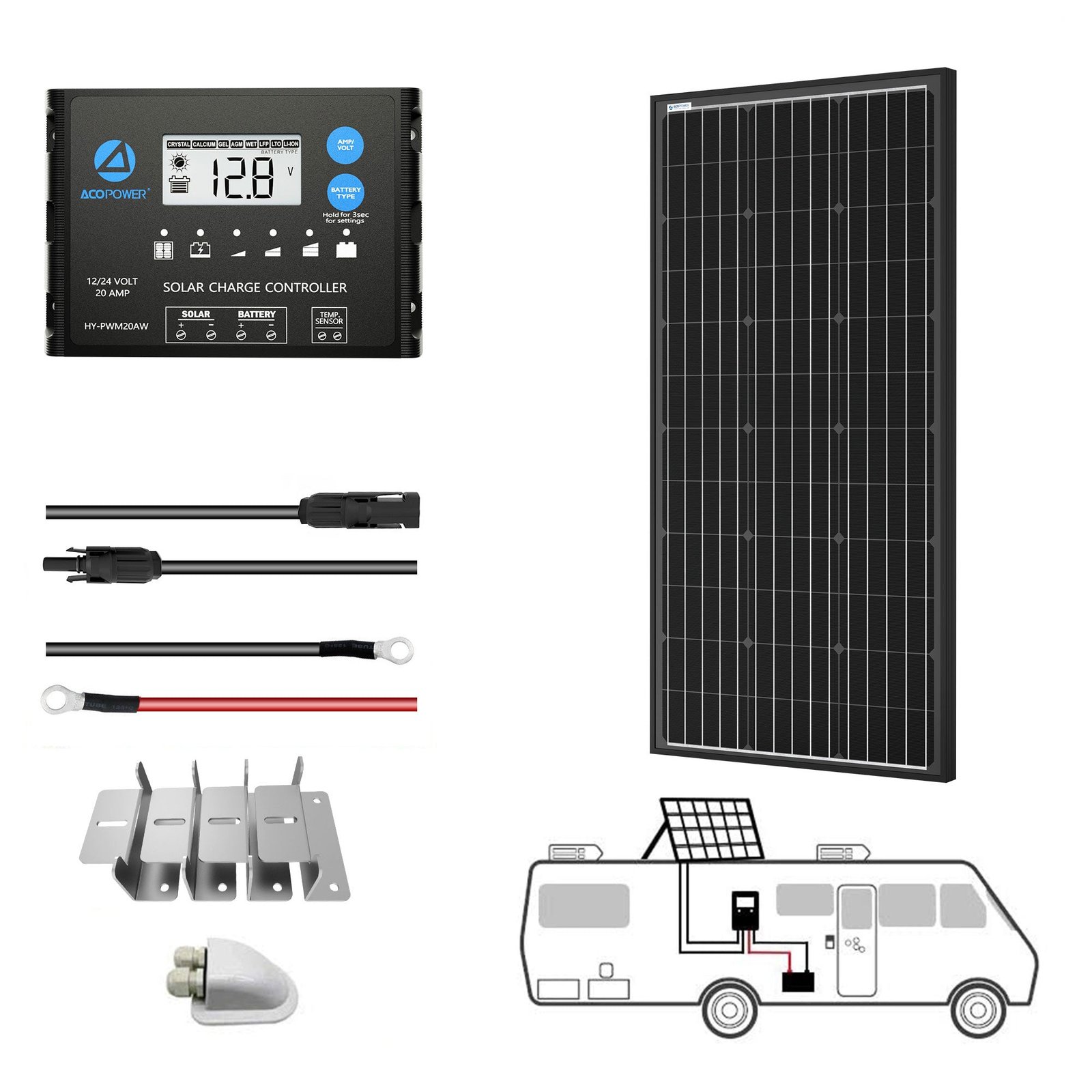 ACOPOWER 100W Mono Solar RV kit components including panel and 20 amp PWM controller