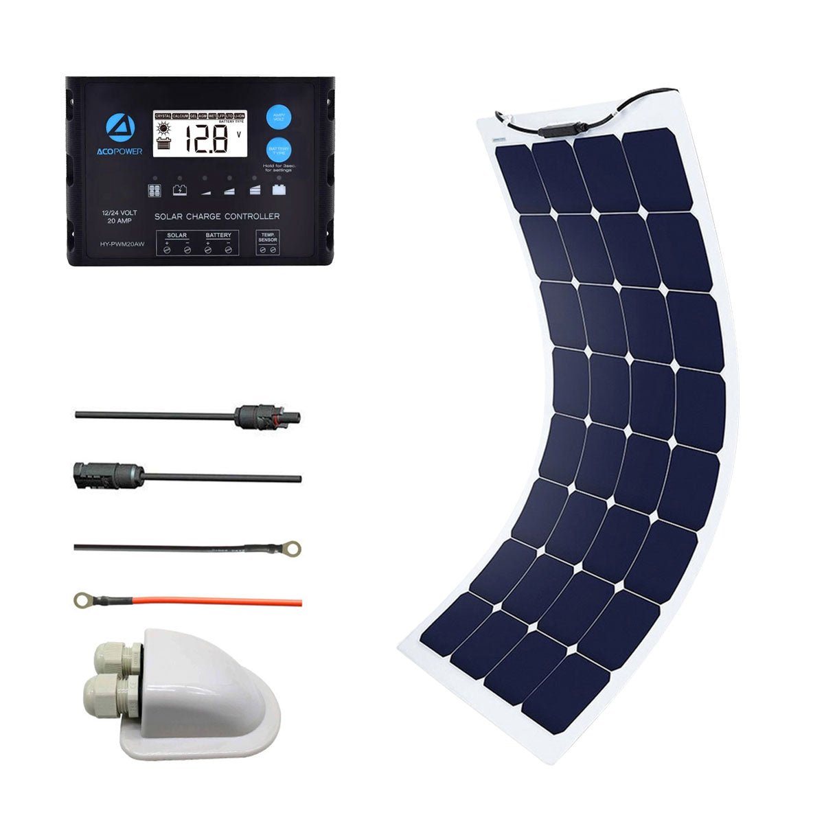 ACOPOWER 110W flexible solar kit with PWM controller, cables, and cable-entry housing