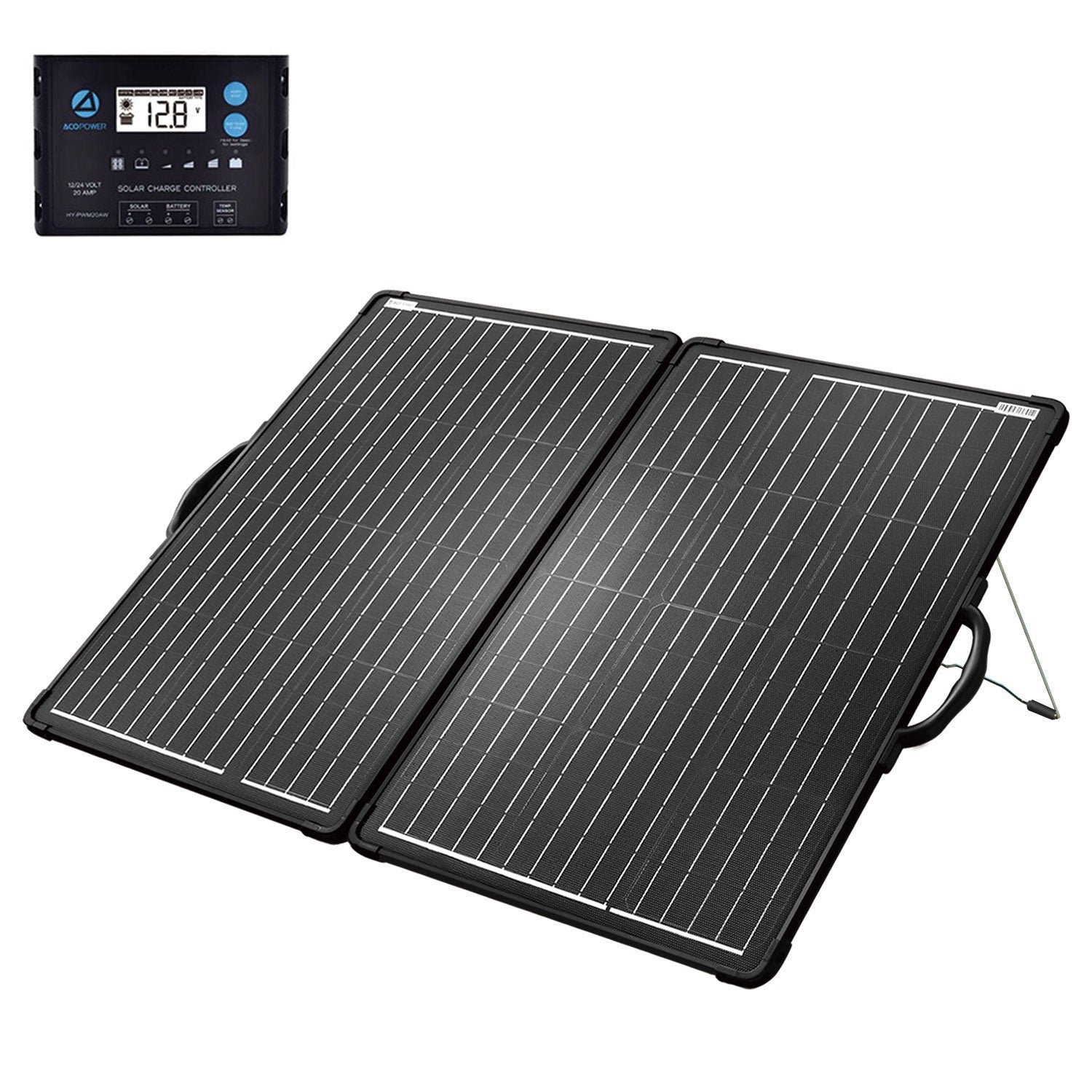 ACOPOWER 120W foldable portable solar kit with inset 20 amp charge controller