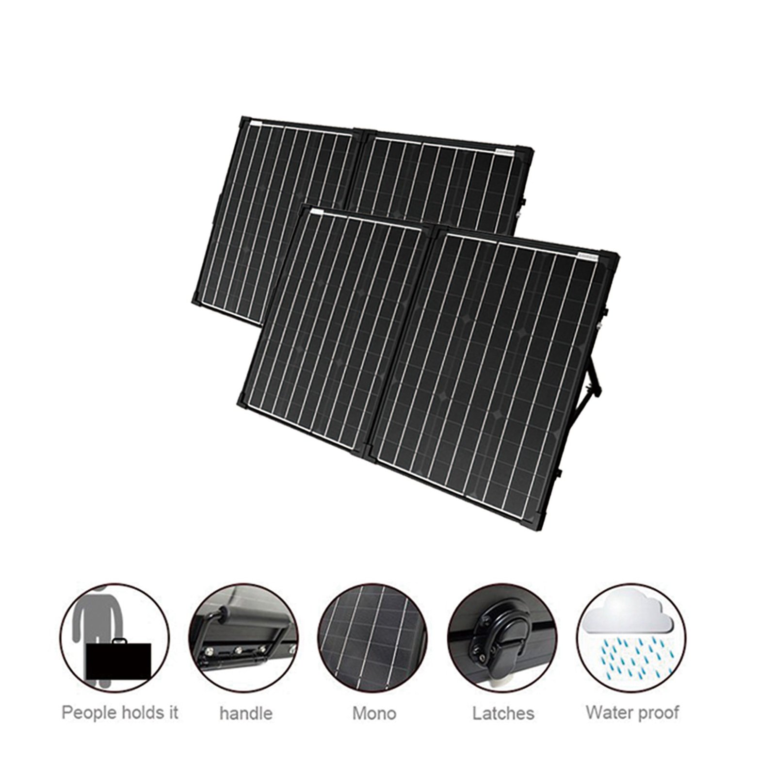ACOPOWER PTK 200W foldable solar suitcase with four panel faces and carry-case icons